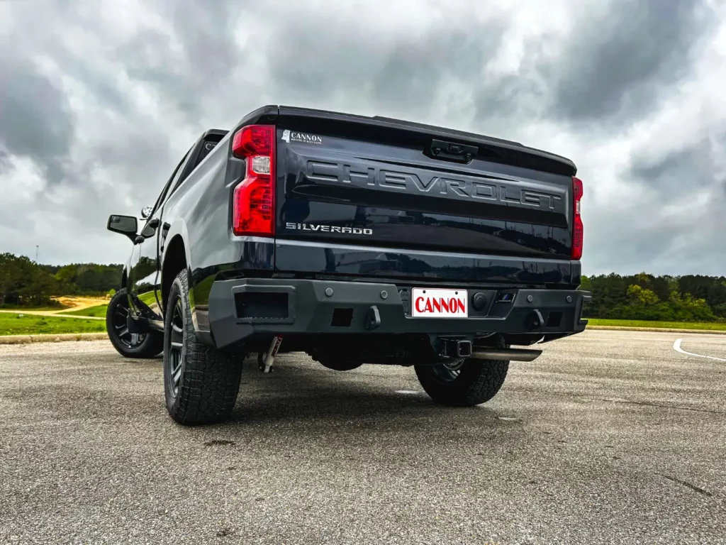 Truck with Hammerhead Armor rear bumper equipped with shackle mounts