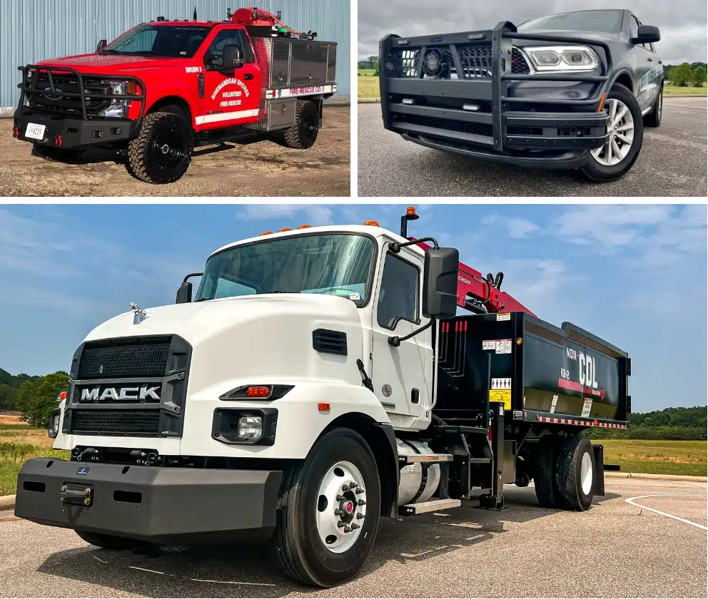 Examples of Hammerhead Armor products on fleet and work vehicles: fire rescue truck, police car, and work truck