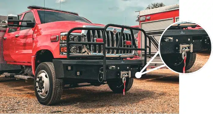 Hammerhead Armor grille guard on work truck with detail of tow hook