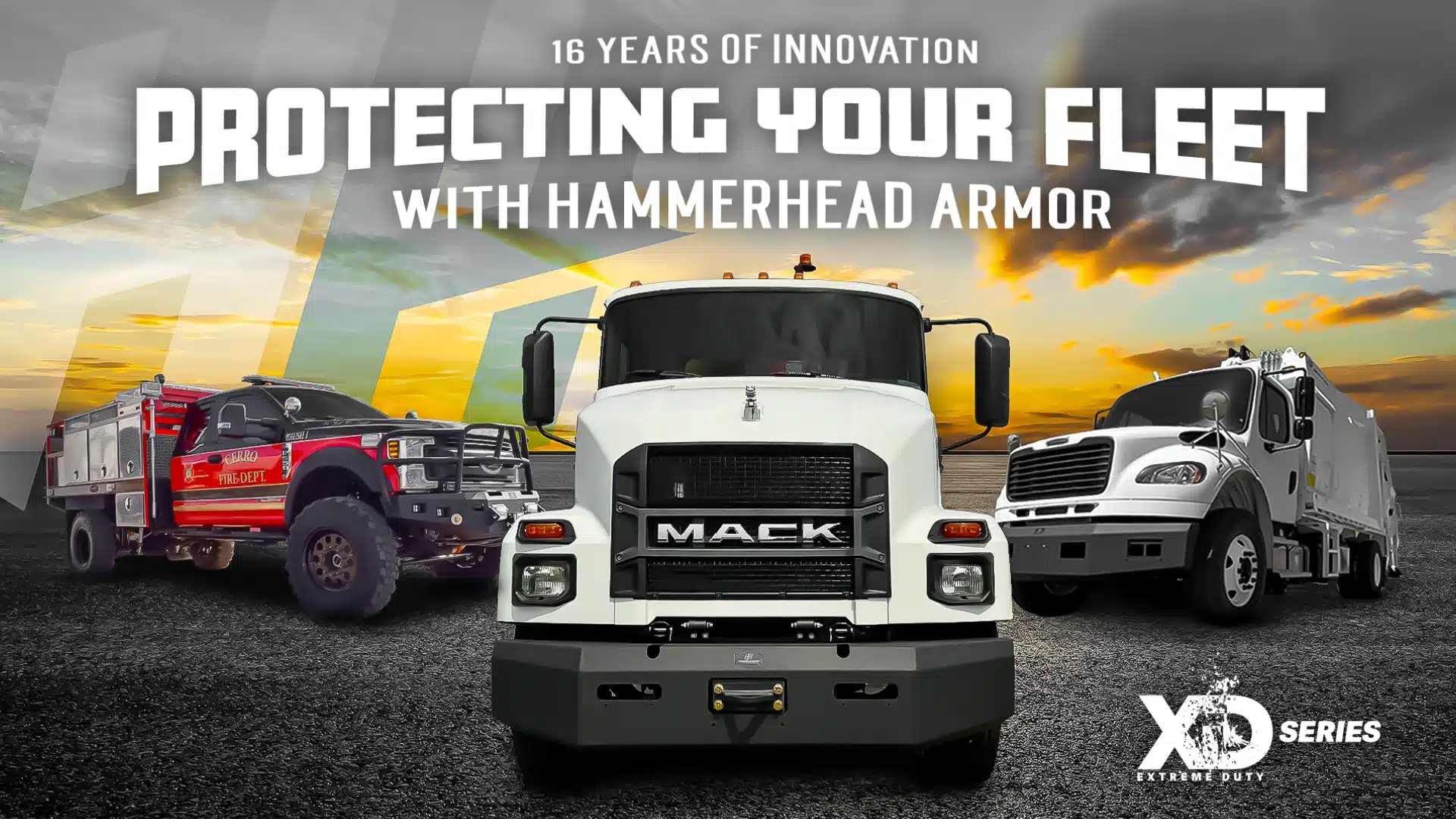 XD Series dramatic graphic with three vehicles: 16 years of innovation with Hammerhead Armor