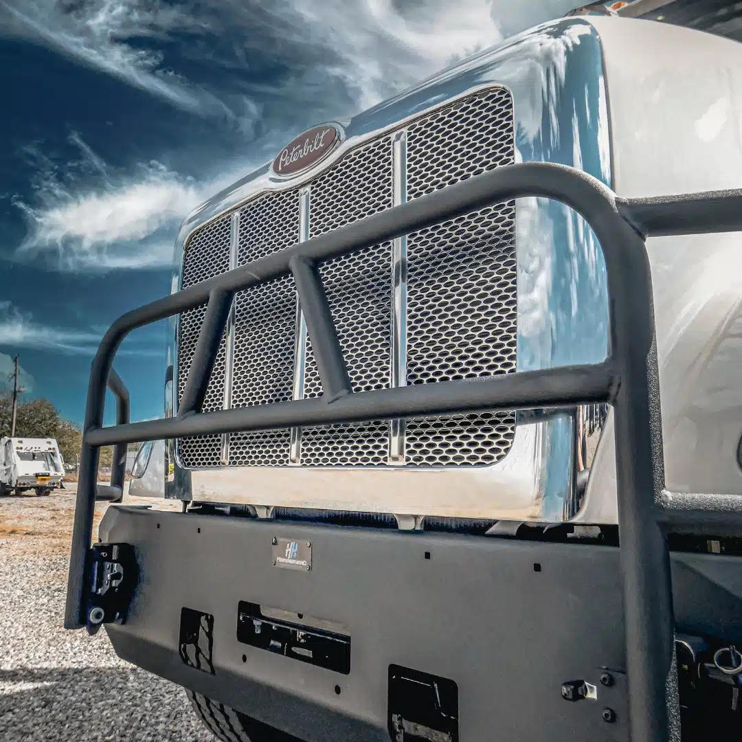 Close-up of Hammerhead Armor grille guard on the front of a Peterbilt truck